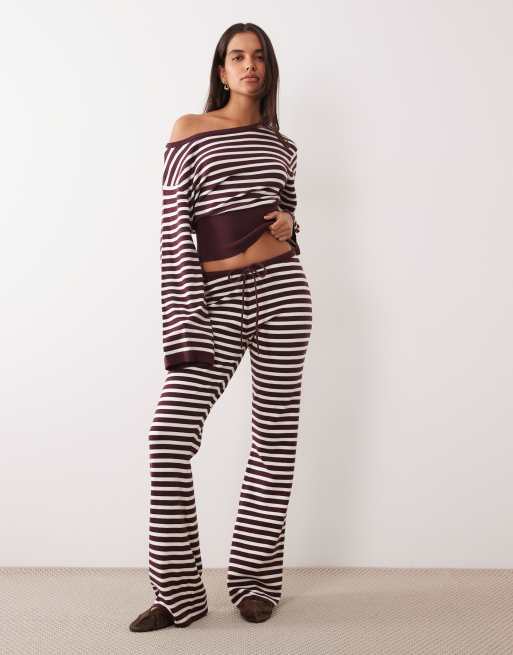 Gina Tricot - Conjunto de estar por casa burdeos vino a rayas holgado con cintura entallada de punto, 3 de 3