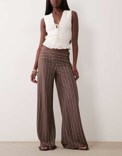 Gina Tricot - Pantalones marrones a rayas de pernera ancha de punto liso - view 1
