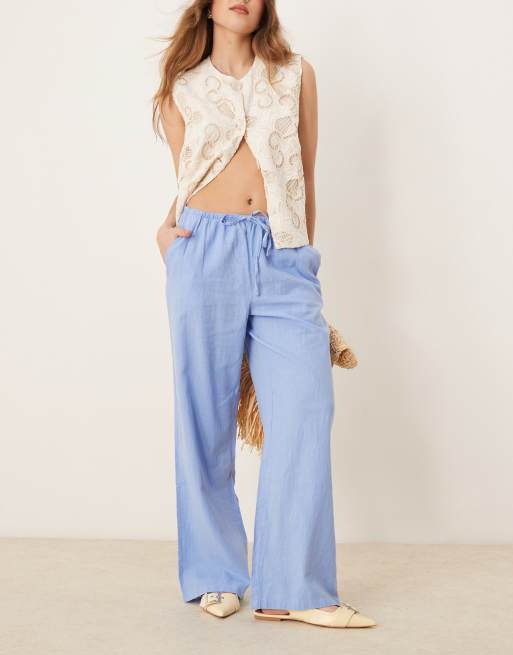 Gina Tricot - Pantaloni a fondo ampio in misto lino blu con coulisse in vita