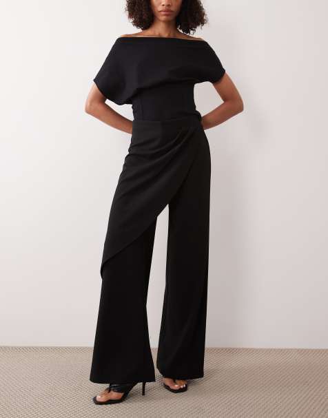 Gina Tricot pantaloni a gamba larga con dettaglio drappeggiato e avvolgente neri - view 1
