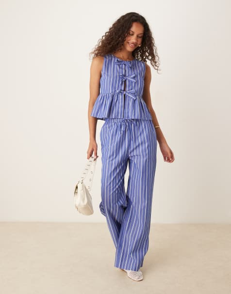 Gina Tricot - Pantaloni taglio comodo in popeline di cotone blu a righe - view 1