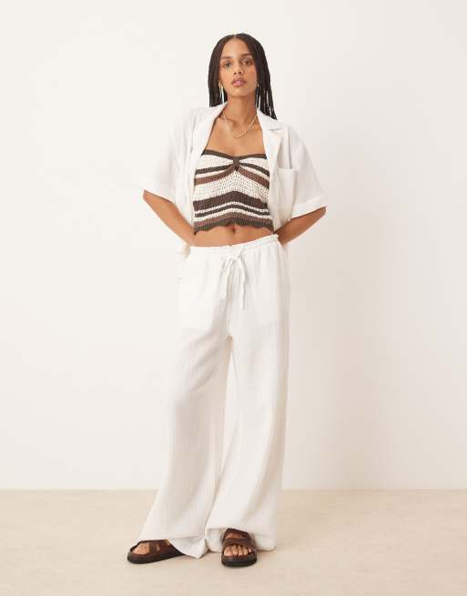 Gina Tricot - Pantaloni vestibilità comoda bianchi in garza con coulisse in coordinato