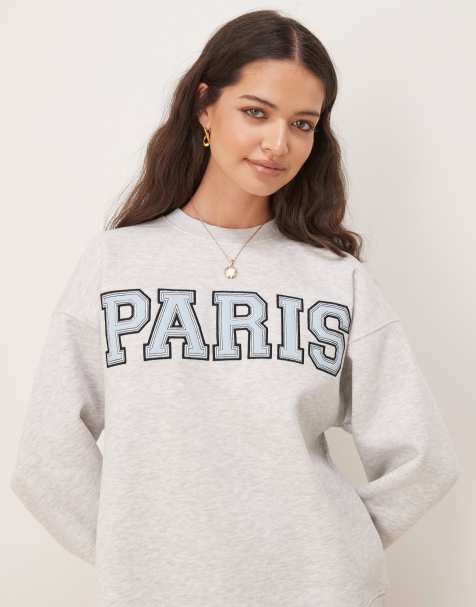 Gina Tricot – Paris – Oversize-Sweatshirt in Hellgrau meliert mit Logo - view 1