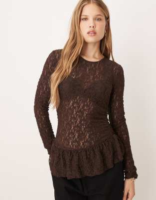 Gina Tricot Peplum Lace Top In Brown