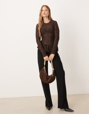 Gina Tricot Peplum Lace Top In Brown