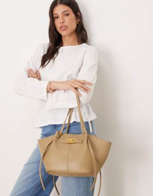 Gina Tricot - Petit cabas imitation cuir avec lanières et détail pochette - Kaki taupe intense-Vert