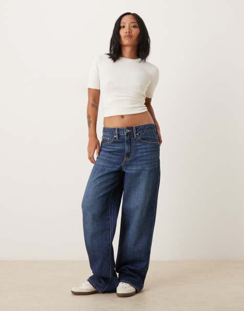 Gina Tricot Petite low waist baggy barrel leg jeans in darkwash blue