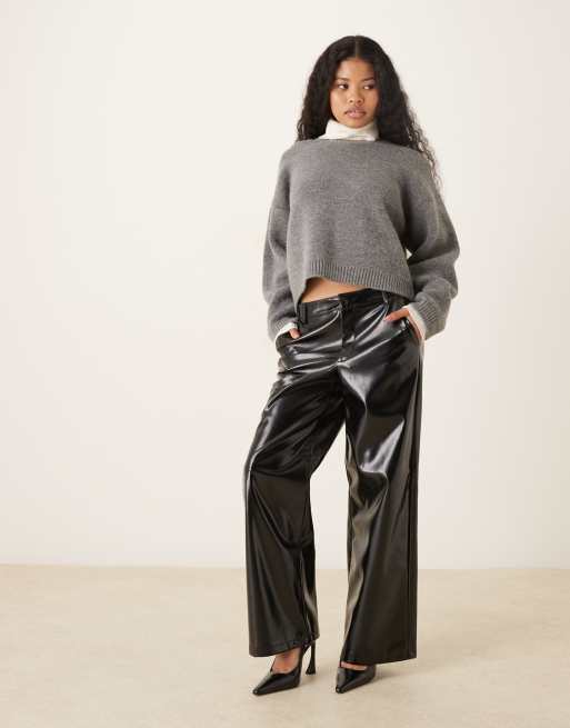 Gina Tricot Petite coated PU straight pants in black
