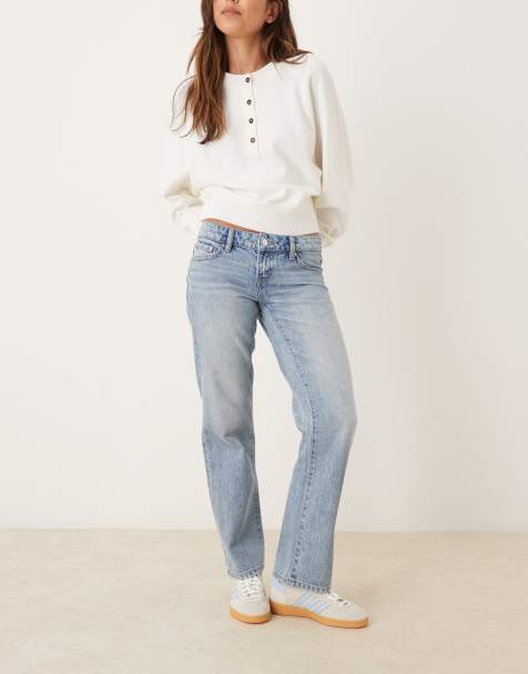 Gina Tricot Petite low waist straight leg jeans in lightwash vintage blue