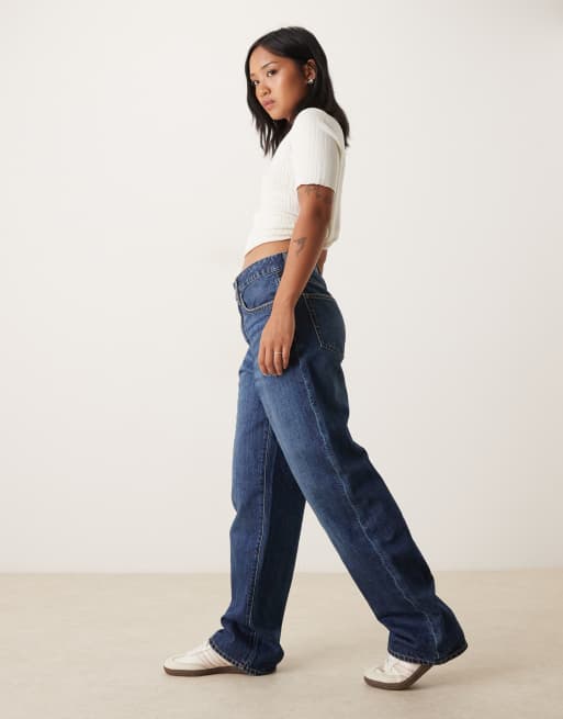 Gina Tricot Petite low waist baggy barrel leg jeans in darkwash