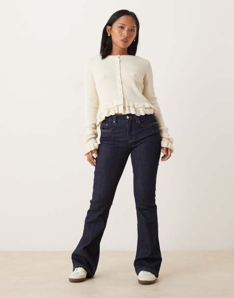 Gina Tricot Petite low waist bootcut jeans in darkwash indigo blue - view 1