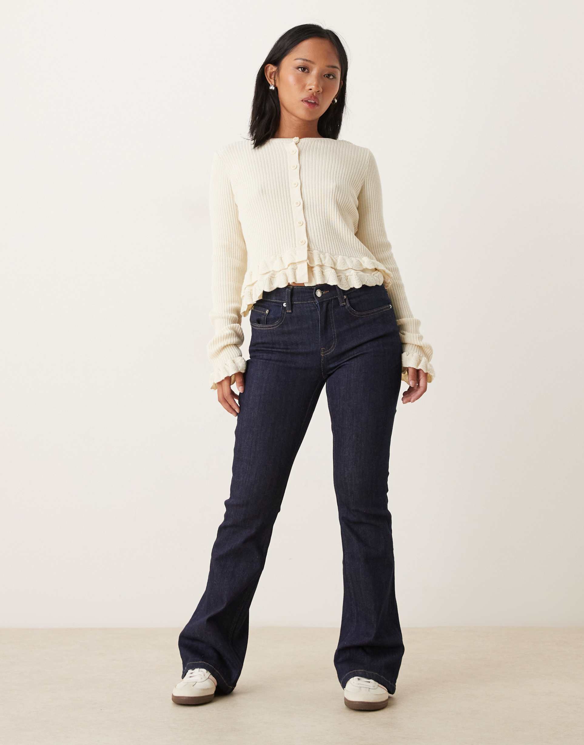 gina tricot petite low waist bootcut jeans in darkwash indigo blue