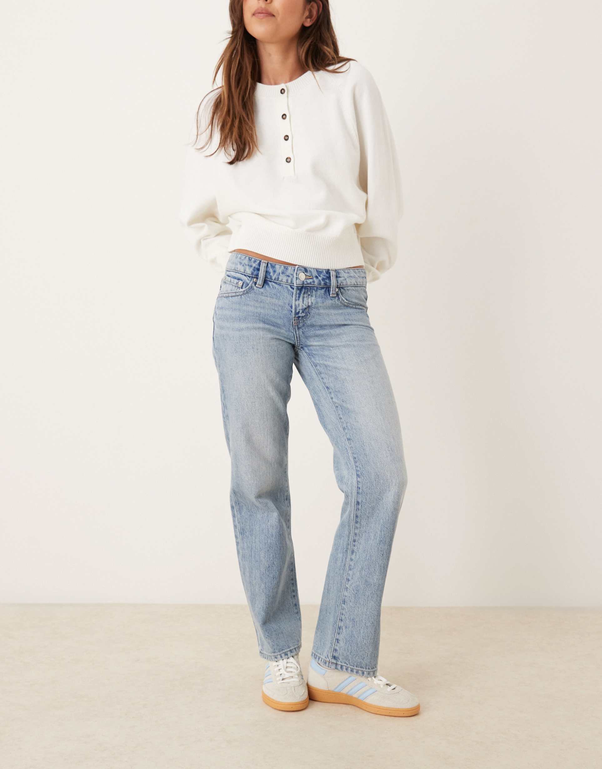 gina tricot petite low waist straight leg jeans in light wash vintage blue