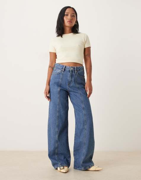 Gina Tricot Petite wide leg front seam detail jeans in midwash blue