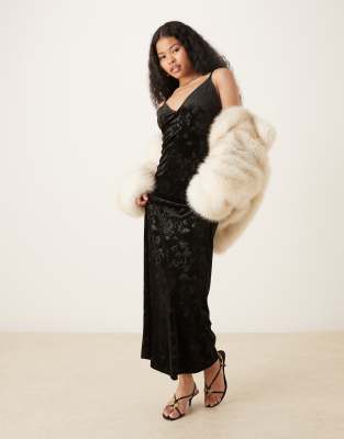 Gina Tricot Petite Rose Jacquard Velvet Maxi Dress In Black