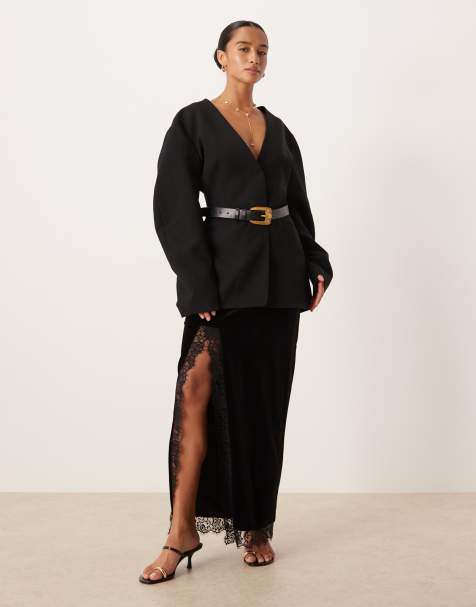 Gina Tricot Petite – Samt-Maxirock in Schwarz mit seitlichem Schlitz und Spitzenborte - view 1