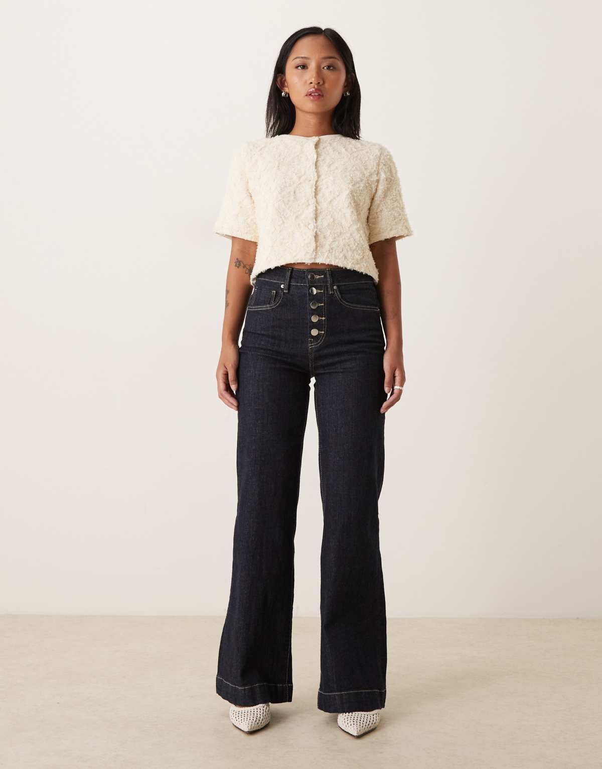 Gina Tricot Petite tailored flare jeans in darkwash indigo blue