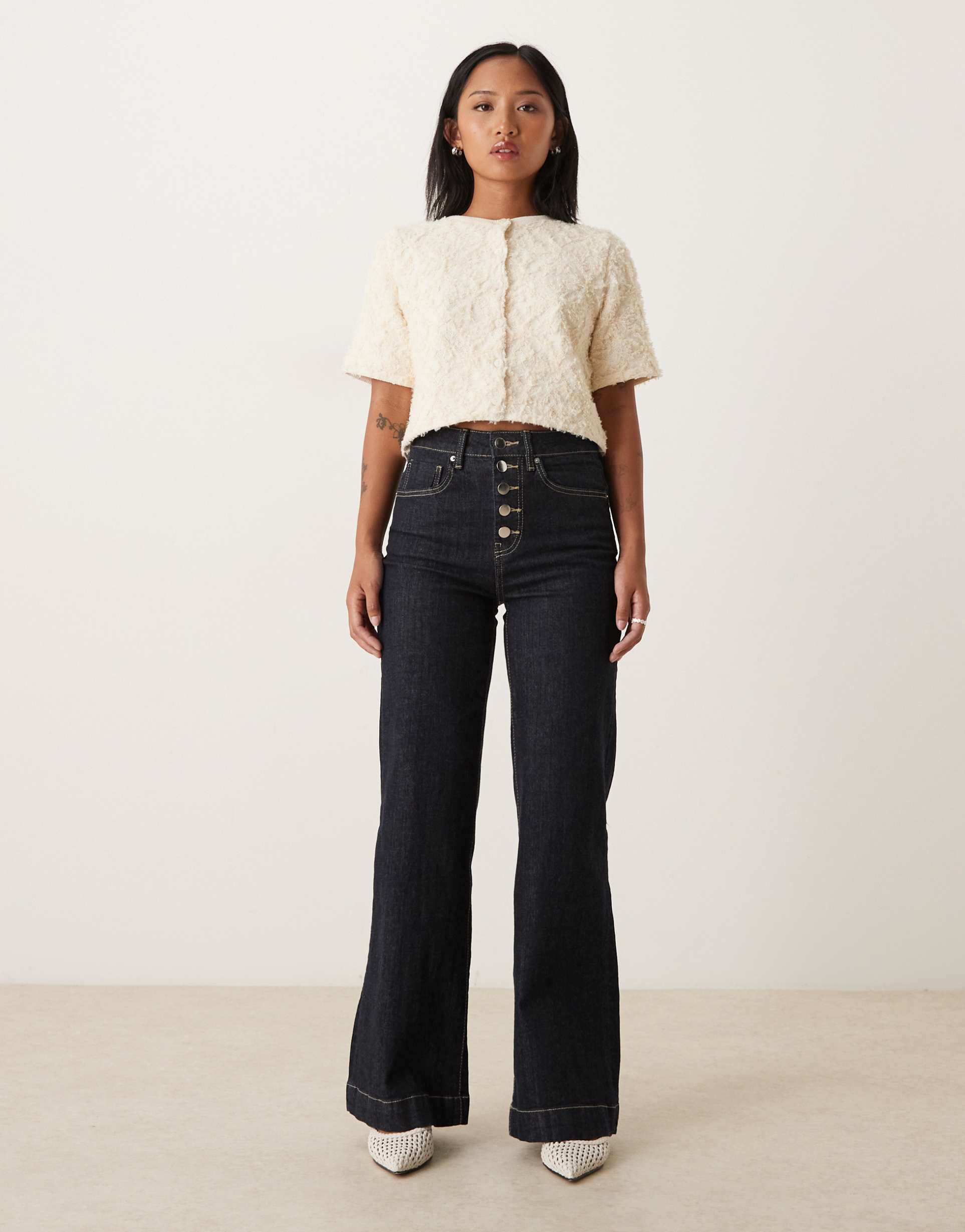 gina tricot petite tailored flare jeans in darkwash indigo blue