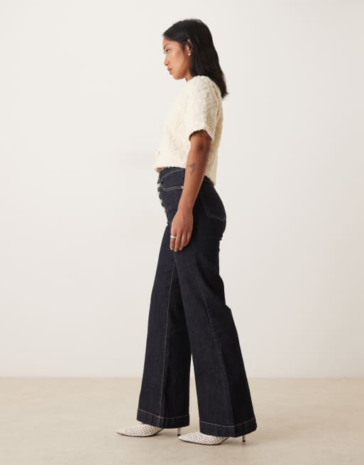 Gina Tricot Petite tailored flare jeans in darkwash indigo blue