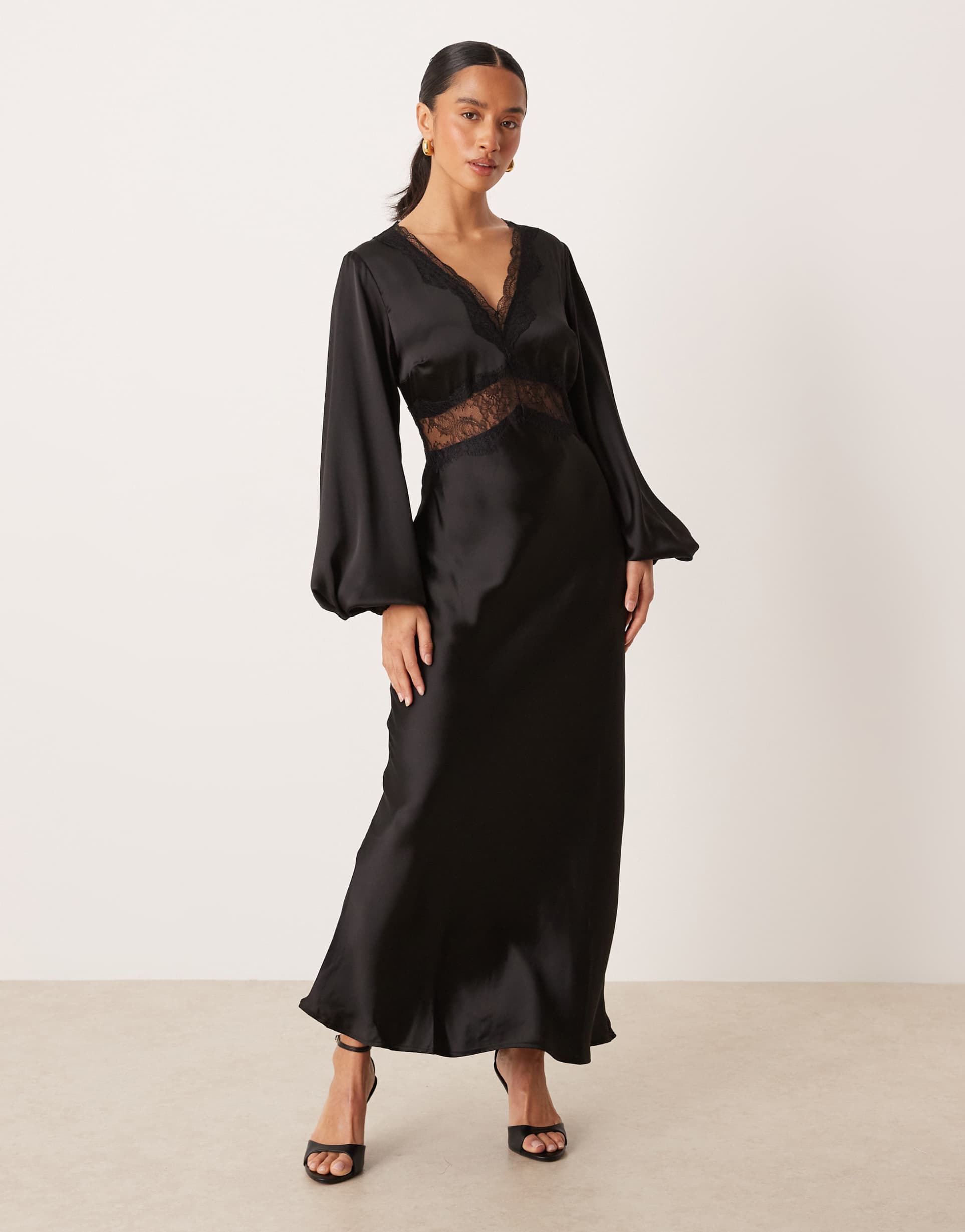 gina tricot petite v-neck lace satin maxi dress with volume sleeves in black