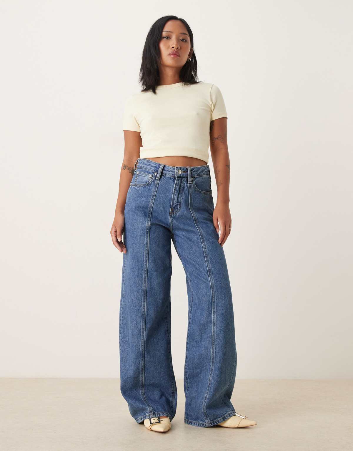 Gina Tricot Petite wide leg front seam detail jeans in midwash blue