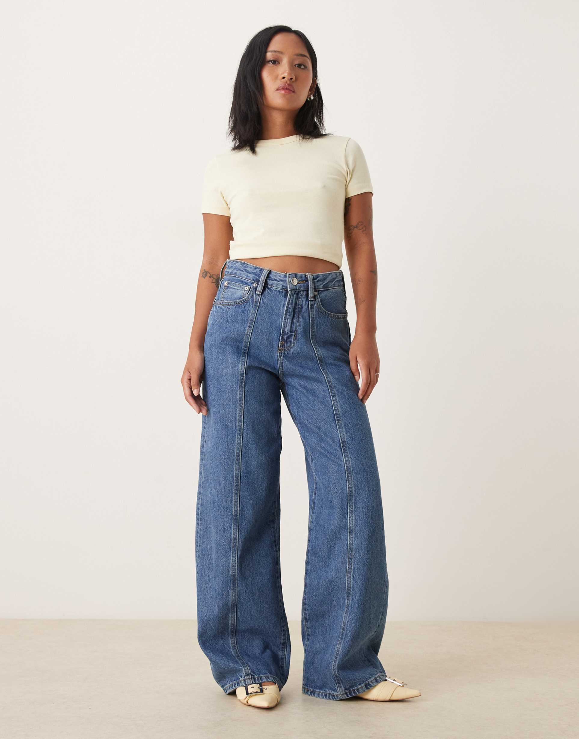 gina tricot petite wide leg front seam detail jeans in midwash blue