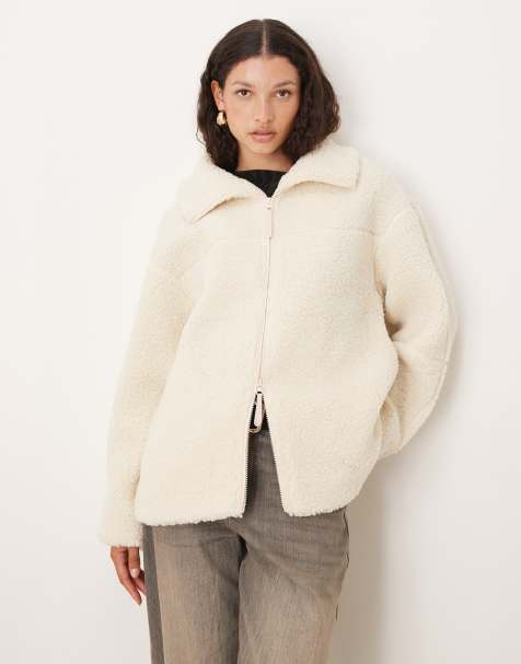 Gina Tricot pile zip up shacket in cream - view 1