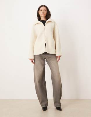 Gina Tricot Pile Zip Up Shacket In White