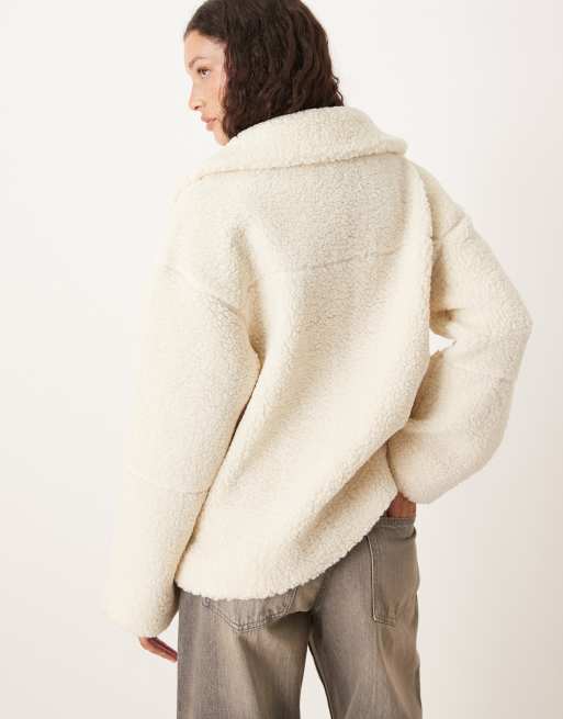 Gina Tricot pile zip up shacket in cream