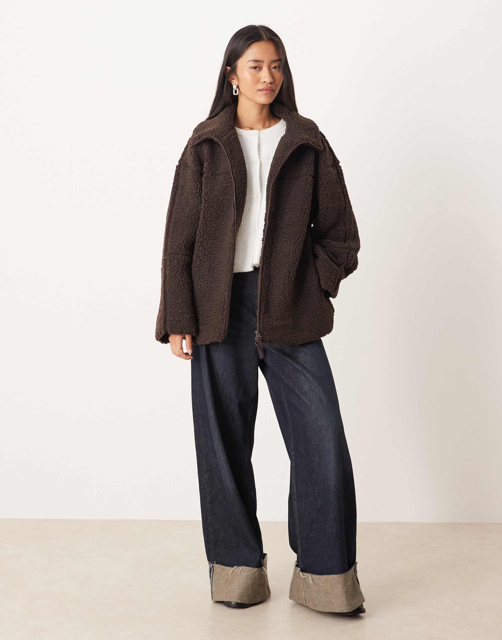 gina tricot pile zip up shacket jacket in dark brown