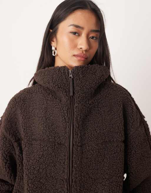 Gina Tricot pile zip up shacket jacket in dark brown