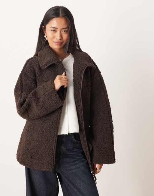 Gina Tricot pile zip up shacket jacket in dark brown