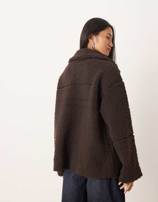 Gina Tricot pile zip up shacket jacket in dark brown