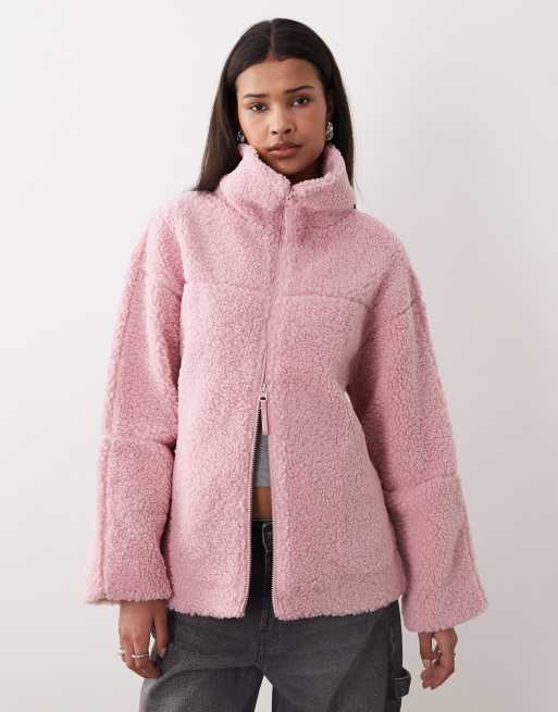 Gina Tricot pile zip up shacket jacket in pink, 2 of 4
