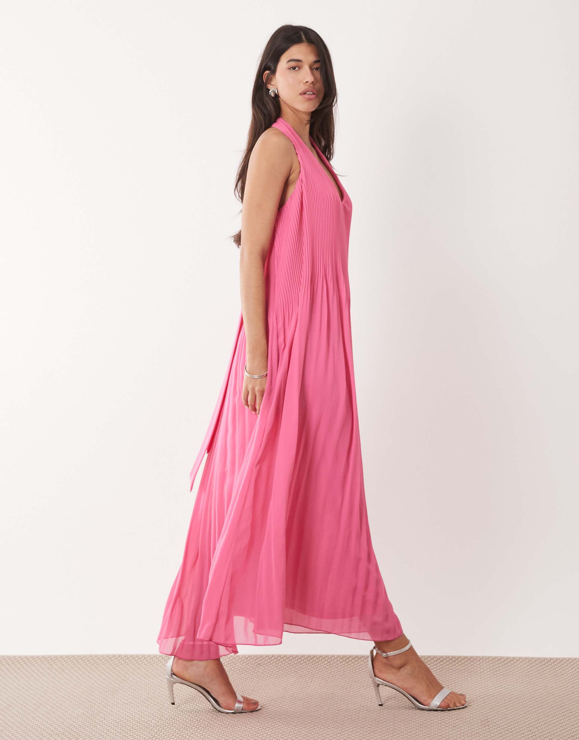 gina tricot pleated halterneck maxi dress in pink