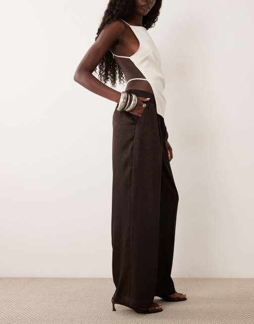 Gina Tricot pleated satin trousers in dark brown, 2 of 5