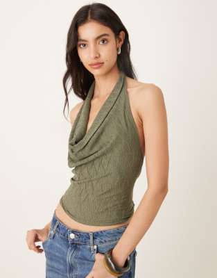 GINA TRICOT Gina Tricot pleated textured halterneck top with open tie up back in dark green