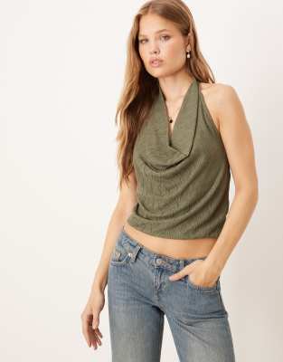Gina Tricot - Plissiertes Neckholder-Top in Dunkelgrün mit gebundenem Rückenausschnitt