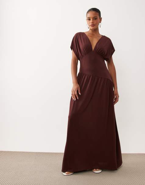 Gina Tricot plunge maxi dress with cape sleeves in chocolate brown - view 1