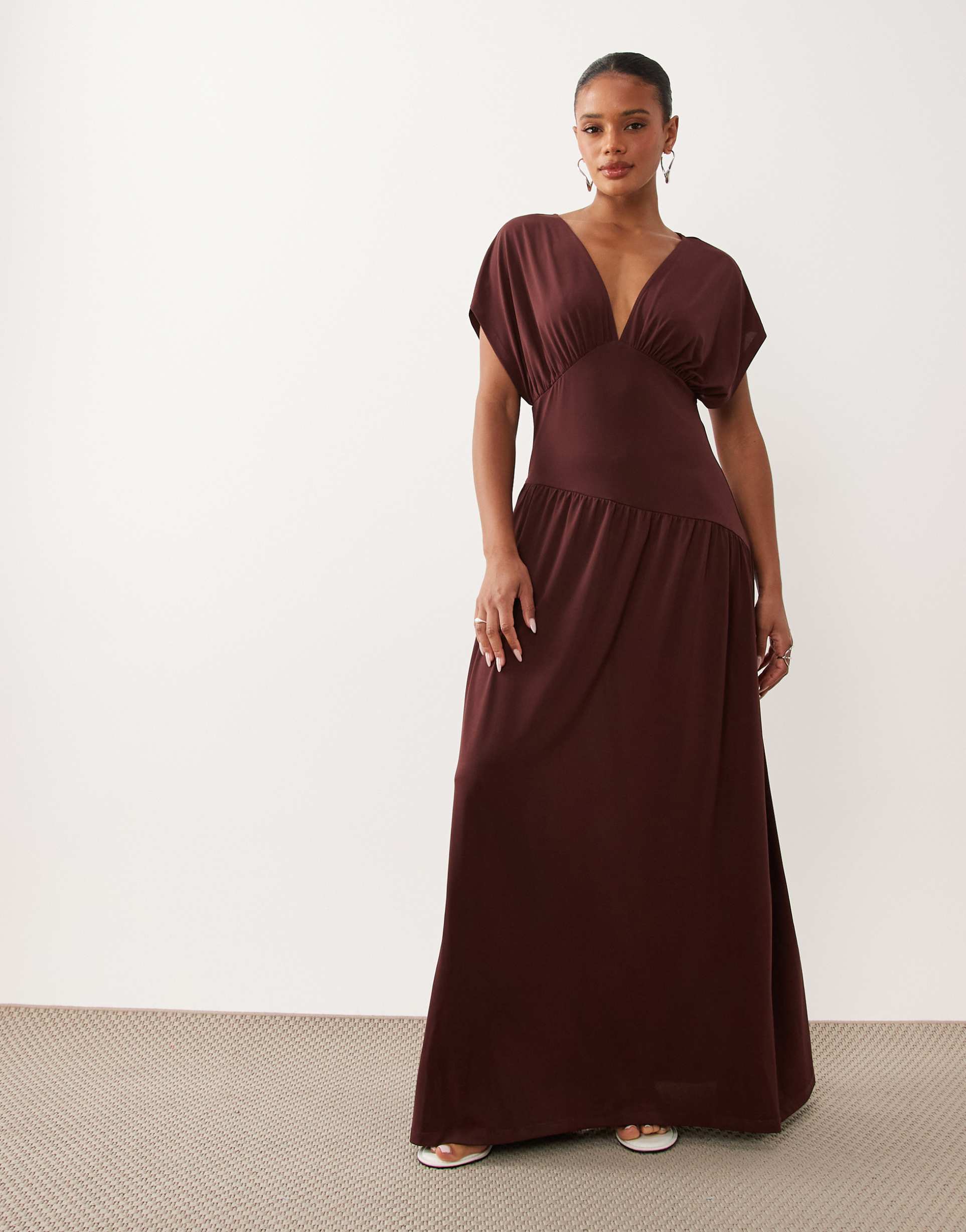 gina tricot plunge maxi dress with cape sleeves in chocolate brown