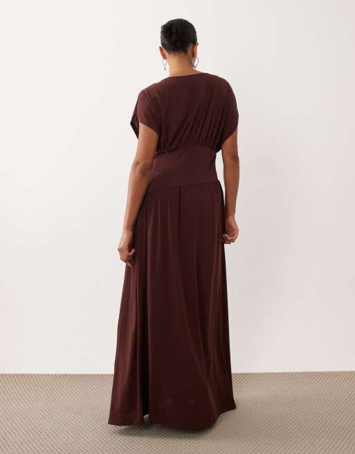 brown plunge maxi dress Long Sleeve Plunge V Neck Maxi Dress Brown