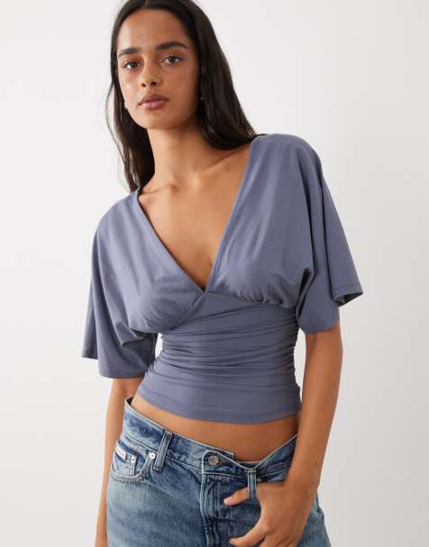 Gina Tricot plunge v-neck bat wing top in grey - view 1