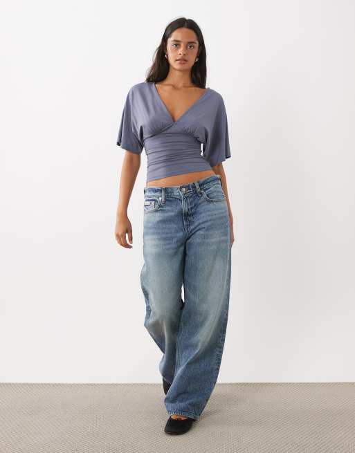 Gina Tricot plunge v-neck bat wing top in grey, 2 of 4