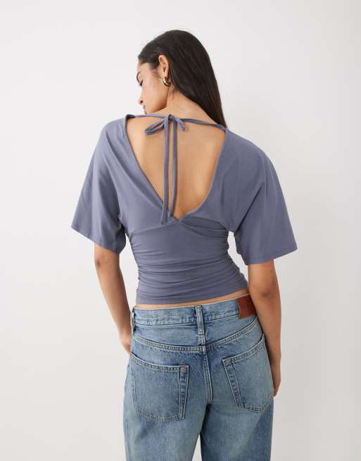 Gina Tricot plunge v-neck bat wing top in grey, 3 of 4