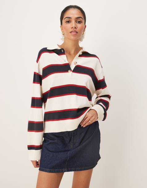 Gina Tricot - Polo de rugby décontracté à manches longues et rayures multicolores - Blanc - view 1