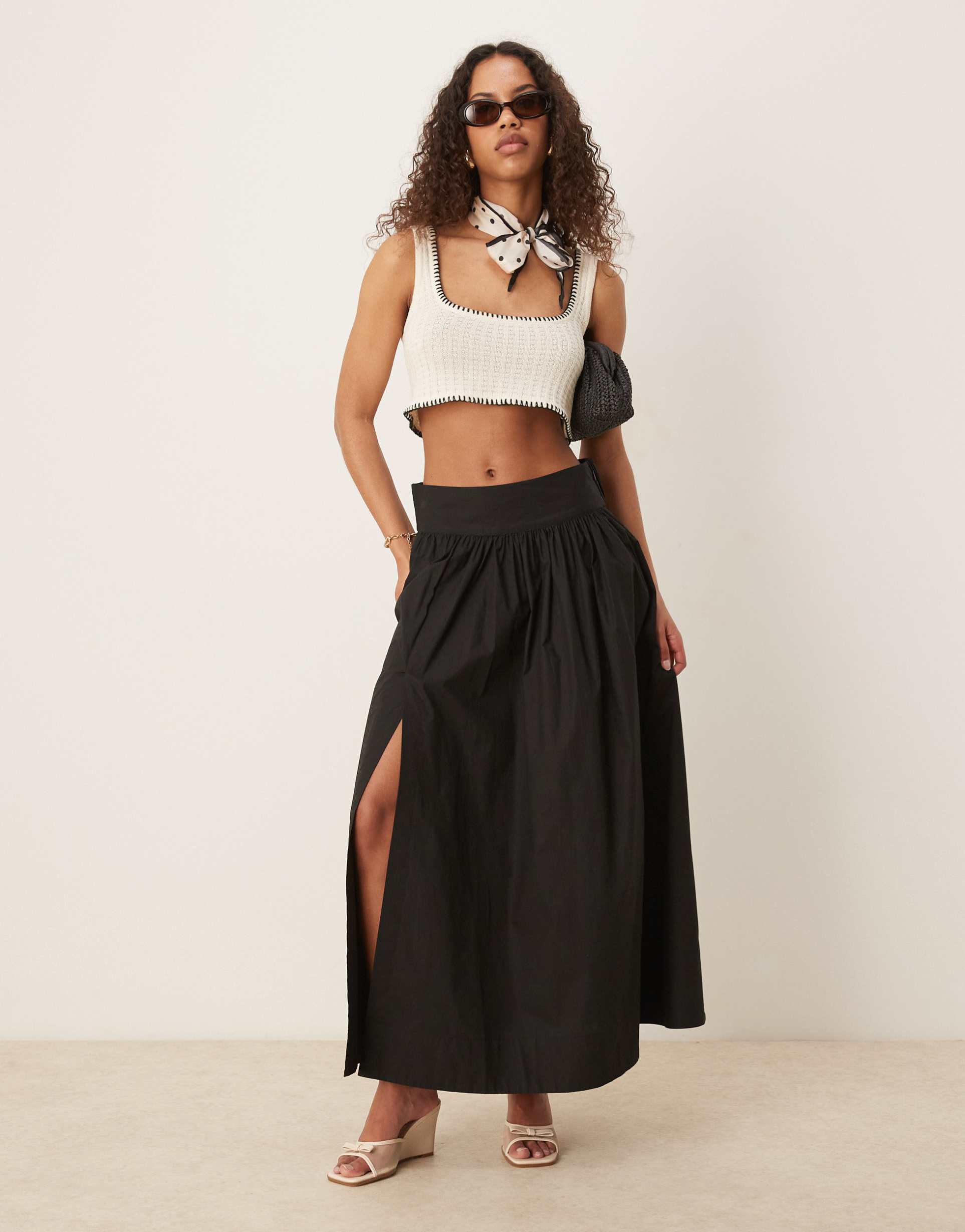 gina tricot poplin balloon split maxi skirt in black