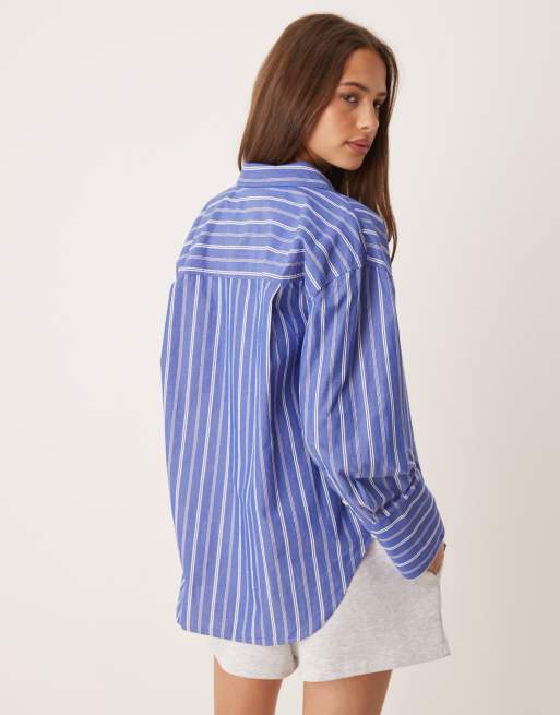 Gina Tricot poplin stripe shirt in blue and white stripe, 2 of 4