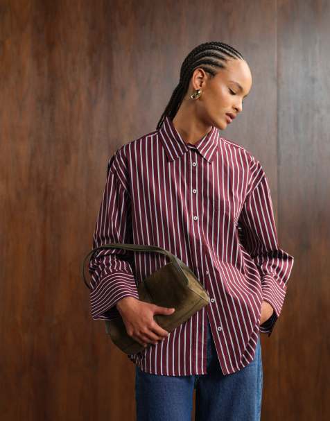 Gina Tricot poplin stripe shirt in burgundy - view 1