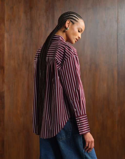 Gina Tricot poplin stripe shirt in burgundy