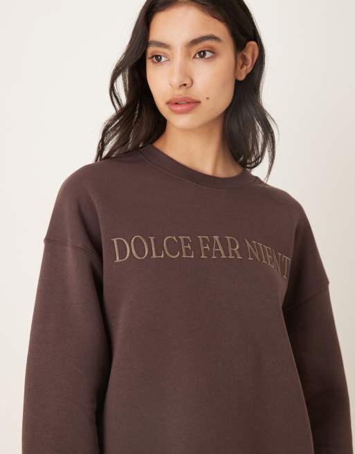 Gina Tricot printed graphic relaxed fit sweater in dark brown, 3 of 4